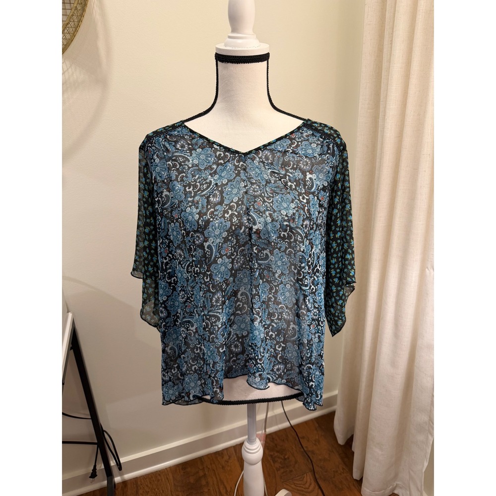 Mason + Mackenzie Blue Paisley Floral Sheer Chiffon Dolman Sleeve Blouse XL